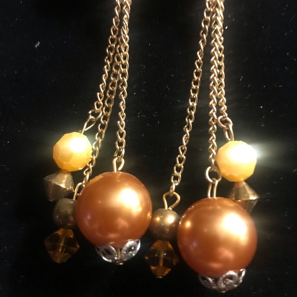 love, Savvy Handcrafted Bronze/Gold/Yellow Beads w/ Chain Statement Earrings - Picture 3 of 4